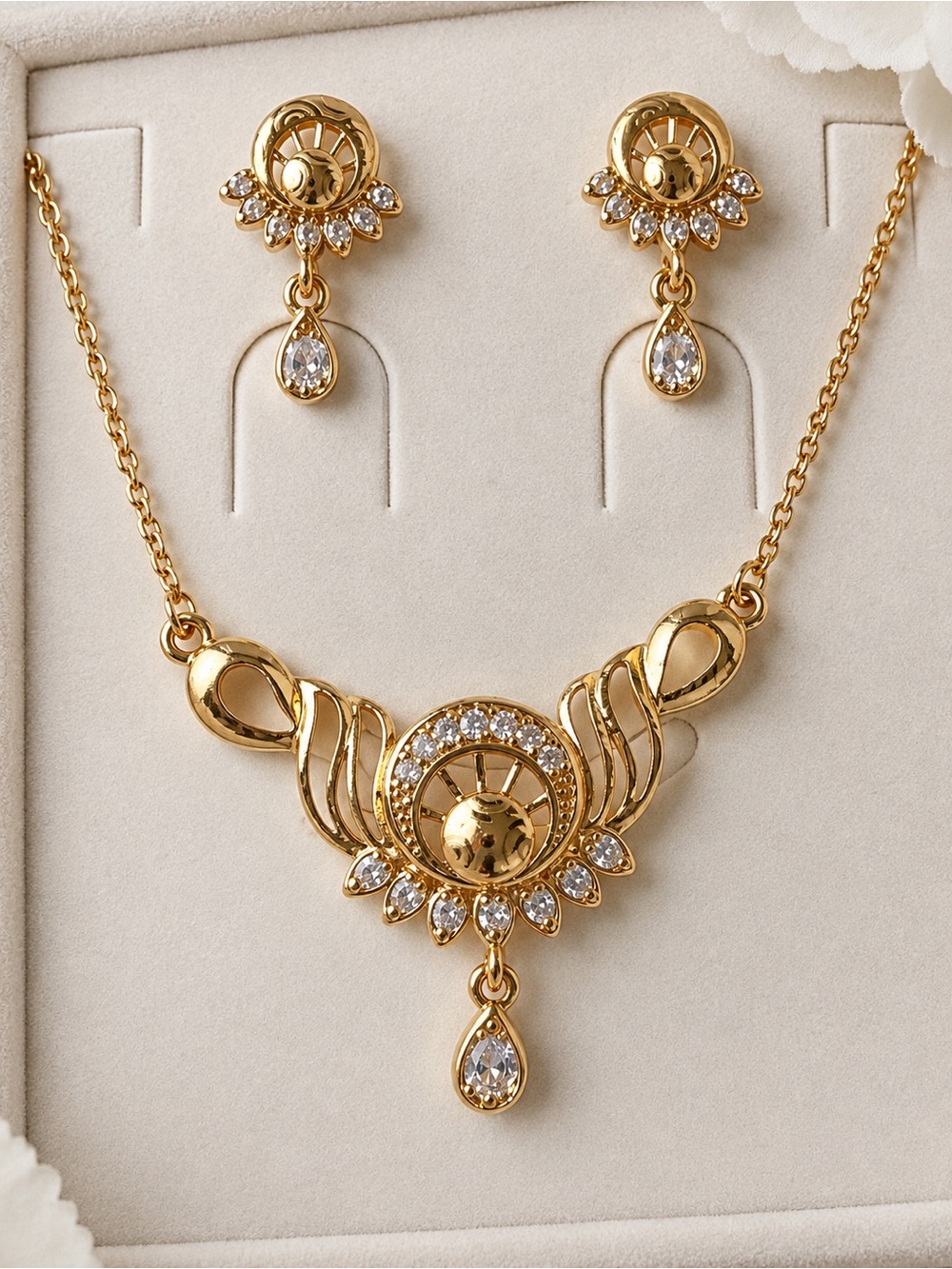 CZ gold plated Teardrop Crystal Necklace and Earring Set